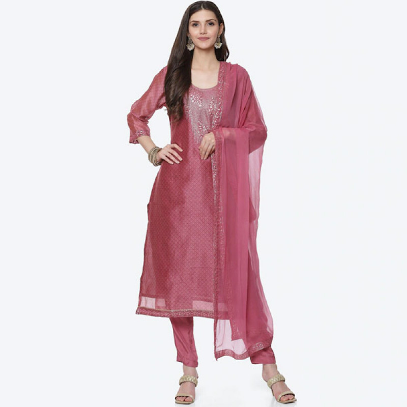 Women Pink & Silver-Toned Unstitched Dress Material